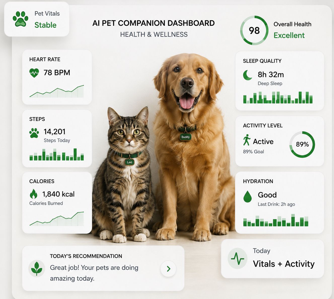 AI Pet Companion health and wellness dashboard for a dog and cat